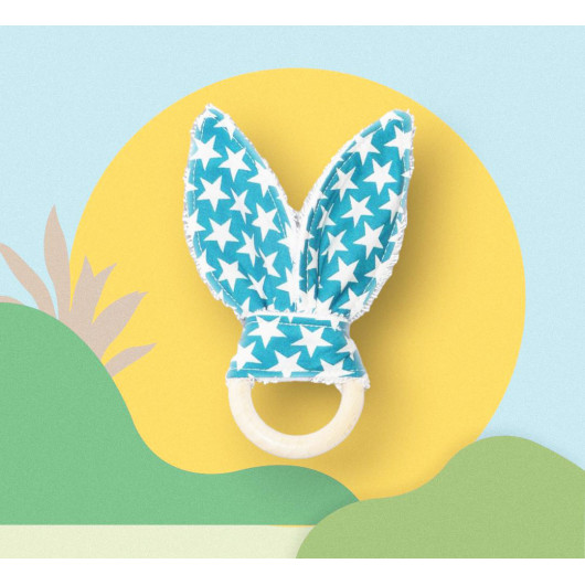 Rattle wooden teething ring with rabbit ears in cotton - STARS LAGON - (with bells) Rattle wooden teething ring with rabbit ears in cotton - STARS LAGON - (with bells)