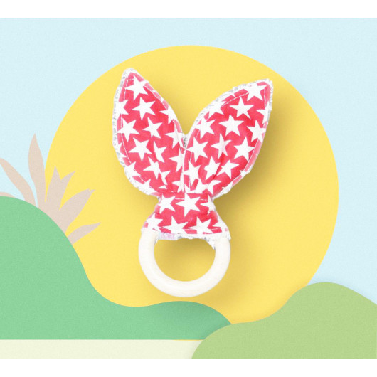Wooden rabbit ears teething rattle ring - STARS RUBY - (with bell) Wooden rabbit ears teething rattle ring - STARS RUBY - (with bell)