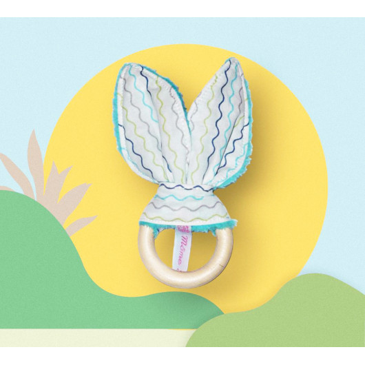 anillo Rattle dentición de madera con orejas de conejo de algodón - ONDAS - (con la campana) anillo Rattle dentición de madera con orejas de conejo de algodón - ONDAS - (con la campana)