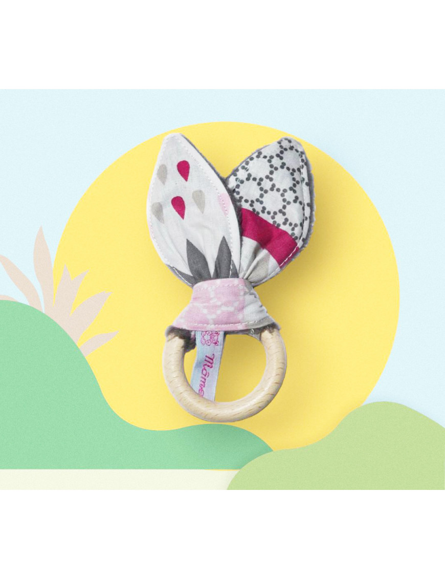 Anello Rattle dentizione di legno con le orecchie di coniglio cotone - GREY METRICA -