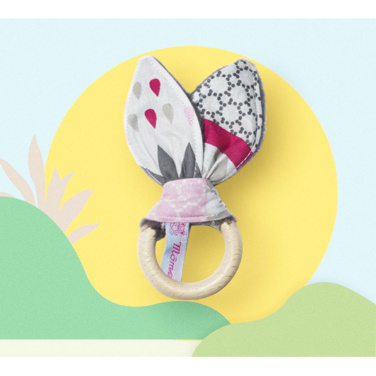 Anello Rattle dentizione di legno con le orecchie di coniglio cotone - GREY METRICA - Anello Rattle dentizione di legno con le orecchie di coniglio cotone - GREY METRICA -