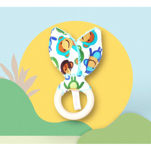 Anello Rattle dentizione di legno con le orecchie di coniglio cotone - BOY Wisty - Anello Rattle dentizione di legno con le orecchie di coniglio cotone - BOY Wisty -