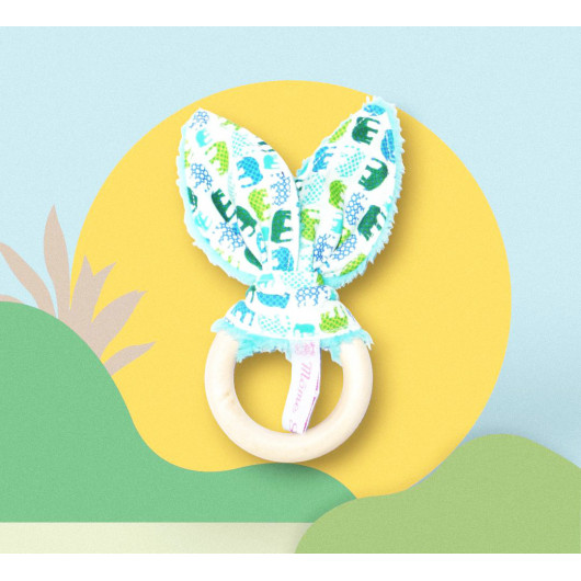 Rattle wooden teething ring with rabbit ears in cotton - ELEPHANTS - Rattle wooden teething ring with rabbit ears in cotton - ELEPHANTS -