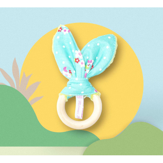 Anello Rattle dentizione di legno con le orecchie di coniglio cotone - Fiori - Anello Rattle dentizione di legno con le orecchie di coniglio cotone - Fiori -